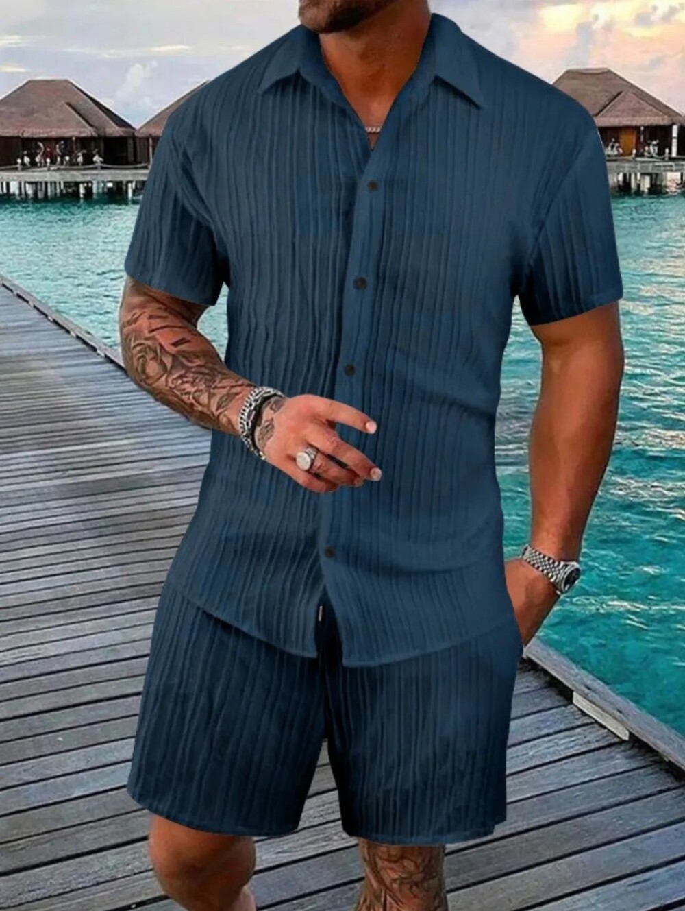 Men's Blue Short Sleeve Shirt and Shorts Set